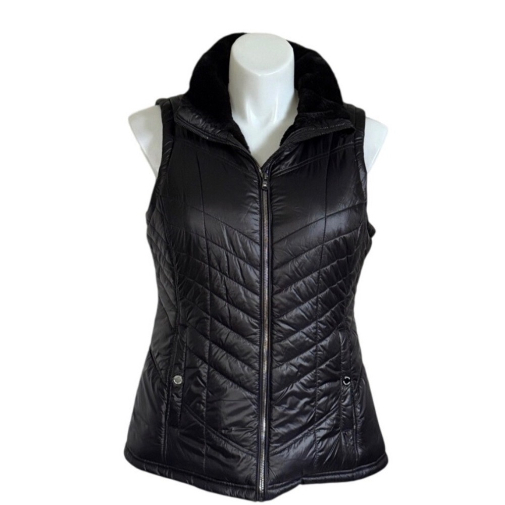 NEW NWOT Michael Michael Kors Black Chevron Puffer Vest Faux Fur Collar Large